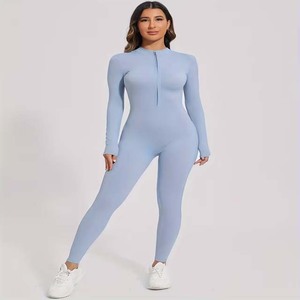 Mono de manga larga con media cremallera para mujer, ajustado, para gimnasio, fitness, yoga, entrenamiento, body con cuello en V, casual - Product Image 1