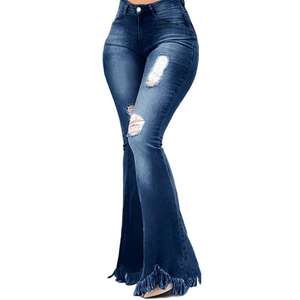 Jeans de Moda OEM 2026 para Mujer, Cintura Alta, Talla Grande, Corte Acampanado, Vaqueros Rotos para Mujer - Product Image 4