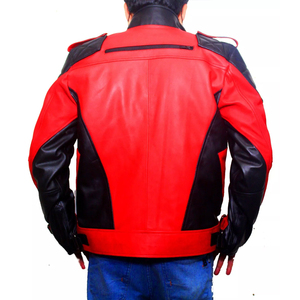 Blouson de moto en cuir PU rouge et noir pour homme, style motard, col montant, fermeture éclair, coupe ajustée, longueur standard, coupe-vent - Product Image 5