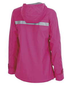 Veste de randonnée imperméable rose pour femme à capuche, manches longues, fermeture éclair, coupe classique, longueur standard, avec décoration à lignes brillantes - Product Image 3