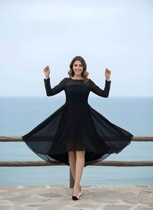 Woman Black Georgette Fancy <b>Dress</b> Round Neck <b>Long</b> Sleeve Regular Length Fully Stitched Solid Color Stylish <b>Party</b> Wear Outfit - Product Image 3