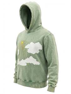 เสื้อฮู้ดสีเขียวเซจ สไตล์วินเทจ สตรีทแวร์ ผ้าฟลีซคอตตอนหนานุ่ม ปักลายเมฆและดวงอาทิตย์ ทรงโอเวอร์ไซส์ สั่งทำได้ ขายดี - Product Image 5