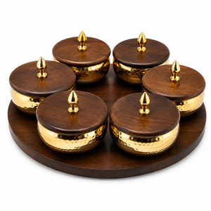 Ensemble de bols à dattes de luxe en bois avec plateau, récipient à condiments en métal doré cannelé et bols à snacks, et articles de cuisine pour cadeaux de mariage - Product Image 6
