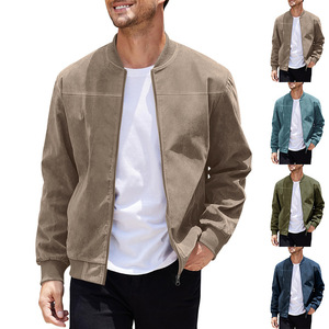 <b>Men's</b> <b>Suede</b> Bomber <b>Jacket</b> Solid Color Zipper Closure Casual Stand Collar Autumn Wear Regular Fit - Product Image 1