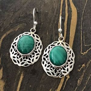 Malachite Gemstone Sterling Silver Filigree Handmade Drop Earrings for Everyday Wear Good Quality Stone Jewelry Wholesale - Product Image 2