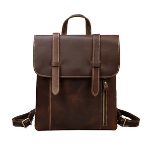 Hot Sale Custom Logo Dark Brown Leather <b>Backpack</b> Unisex Flap Office Laptop Daypack Travel College School Bookbags - Product Image 1
