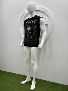 SHH INDUSTRIES Custom Oversized Sleeveless Tank <b>Top</b> <b>Skull</b> Motorcycle Graphic Washed Heavy Cotton Studded Neck Streetwear Vintage - Product Image 4