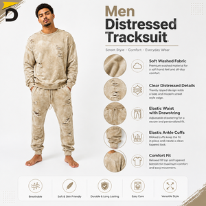 Chándal para hombre con detalles desgastados, tela suave y comodidad relajada para un estilo urbano, días informales y ocio. - Product Image 6