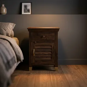 Table de chevet en bois rustique avec porte à battants et tiroir, meuble de rangement pour chambre à coucher et salon - Product Image 2