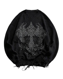 Pull tricoté pour homme Y2K gothique à motif croix, effet usé, ourlet déchiré, coupe ample côtelée – Meilleure vente - Product Image 1