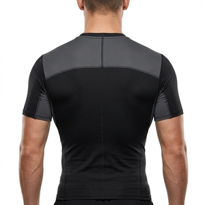 Men Short Sleeve <b>Compression</b> <b>Shirt</b> <b>Black</b> Gray Shoulder Panel Gym Fitness Running Training Sportswear Performance Base Layer - Product Image 2