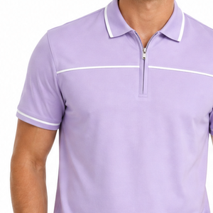Polo à col zippé pour homme, best-seller, lavande, violet clair, avec bordure blanche, manches courtes - Product Image 3