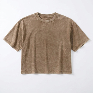 เสื้อครอปท็อปสีน้ำตาลสไตล์วินเทจสำหรับผู้หญิง ทรงบ็อกซี่ ล้างสีแบบมิเนอรัล ขายส่ง เสื้อยืดฤดูร้อน - Product Image 2