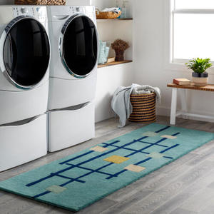 Tapis géométrique en laine bleu sarcelle avec des carrés abstraits, tissé à la main, tapis moderne d'intérieur pour le salon, la chambre à coucher, décoration - Product Image 5