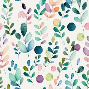 Papel Tapiz Vintage con Hojas Verdes en Acuarela, Papel Adhesivo Decorativo con Hierbas Botánicas en Morado/Rosa, Diseño Retro - Product Image 1