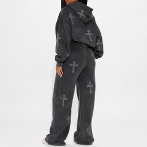 Unisex Black Cross Print Hooded Sweatshirt <b>Jogger</b> Set Full Sleeve Loose Fit Casual Tracksuit Winter Spandex Material - Product Image 3