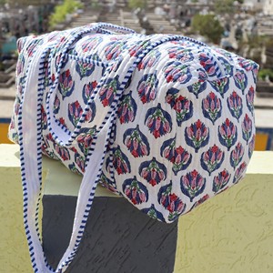 Vintage Quilted Floral <b>Duffel</b> <b>Bag</b> With Blue Stripe Handles Portable Travel Weekender For Men Women Casual Use - Product Image 6