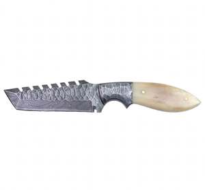 Couteau d'extérieur artisanal en acier Damas, manche en os naturel, lame à denture, outil utilitaire - Product Image 5