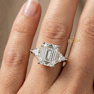 <b>Emerald</b> Cut Three Stone Engagement <b>Ring</b> in 925 Sterling <b>Silver</b> Trillion Side Stone Bridal <b>Ring</b> - Product Image 5