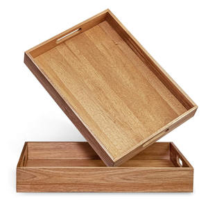 Plateau de service en bois d'acacia écologique Lot de 2 modèles rectangulaires avec poignées découpées pour le petit déjeuner, le thé, le café ou la table à manger - Product Image 1