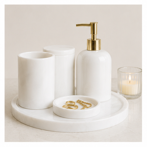 Ensemble d'accessoires de salle de bain en marbre blanc artisanal, ensemble de bain en pierre naturelle avec distributeur de savon à pompe doré pour hôtels et maisons - Product Image 3
