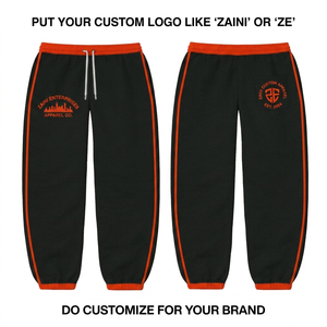 Pantalon de jogging en twill de coton et polyester 320 GSM, noir avec panneau latéral orange, qualité supérieure, séchage rapide, écologique, respirant, plissé - Product Image 1