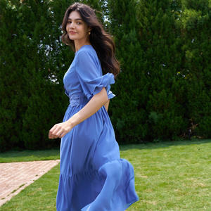 <span class=keywords><strong>Abito</strong></span> Lungo Romantico con Scollo a V e Vita in Pizzo 2026, Vestito Fluido con Maniche Corte e Volant, <span class=keywords><strong>Abito</strong></span> Azzurro per Ospiti di Matrimonio - Product Image 4