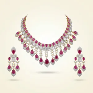 Parure de bijoux de luxe plaqué or rubis avec collier et boucles d'oreilles, sertis de zircone cubique taille marquise et princesse, style classique indien pour mariée - Product Image 6
