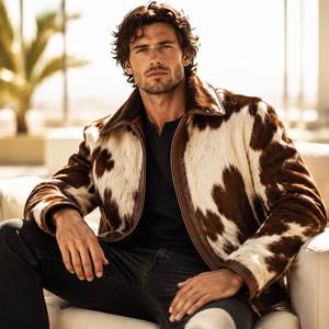 Cowhide Hair Leather <b>Bomber</b> <b>Jacket</b> Plaid Pattern Breathable Design Premium Craftsmanship <b>Men's</b> <b>Summer</b> Casual OEM Service - Product Image 5