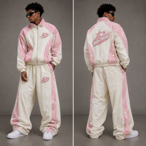 Conjunto Deportivo para Hombre en Rosa y Blanco con Bloques de Color, Chaqueta Cortavientos con Cierre Completo, Corte Holgado, Estilo Urbano, con Bolsillos Laterales y Estampado por Sublimación - Product Image 3