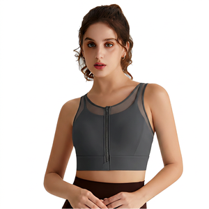 Sujetador deportivo naranja para mujer con cremallera frontal, panel de malla, soporte medio, espalda cruzada, para yoga y ropa deportiva, transpirable - Product Image 4