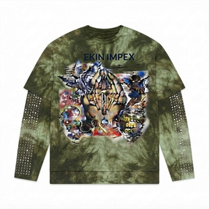 Camiseta Gráfica Personalizada para Hombre, Cuello en V, 100% Algodón, Verde Oliva, Lavado Ácido, con Pedrería, Manga Larga, 2 en 1, Estilo Y2K - Product Image 1