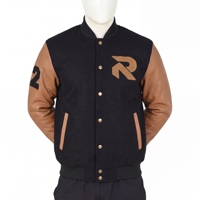 Veste universitaire pour homme RYDOM noire avec manches en cuir marron, logo brodé, col rabattu, simple boutonnage, pour l'automne