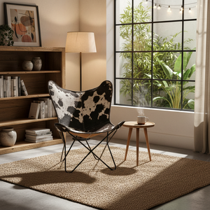 Fauteuil papillon de luxe en cuir véritable à poils, fabriqué à la main, avec structure métallique robuste, disponible en plusieurs couleurs pour la maison et le salon - Product Image 4