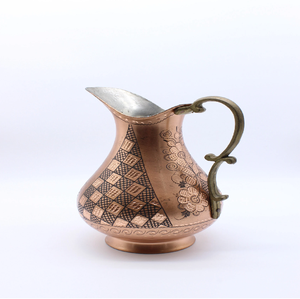 Ornate made in India checkered and floral <b>copper</b> water pitcher with brass <b>handles</b>, available at wholesale prices. - Product Image 1