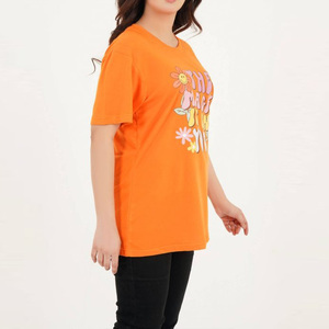 T-shirt décontracté d'été pour femme, col en V, manches courtes, coupe ample, imprimé floral et lettres, 100 % coton respirant, couleur orange - Product Image 4