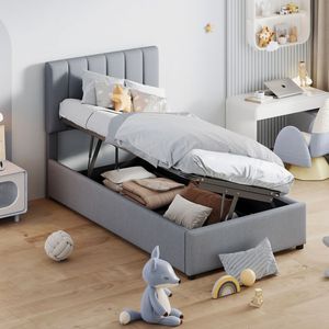 Gray Twin Size Upholstered <b>Platform</b> <b>Bed</b> <b>with</b> Hydraulic <b>Storage</b> System - Product Image 2
