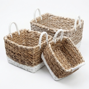 Natural Water Hyacinth <b>Storage</b> <b>Basket</b> Set White Bottom Dip <b>Rectangular</b> Shelf <b>Storage</b> Organizer Box Setup Decor Pure Art Design - Product Image 2