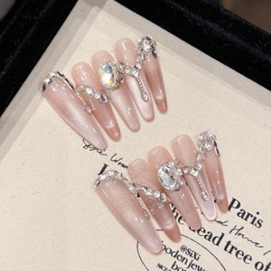 Faux ongles à presser faits main, effet œil de chat, paillettes argentées, strass, luxe, réutilisables, couverture complète, en gel acrylique - Product Image 1