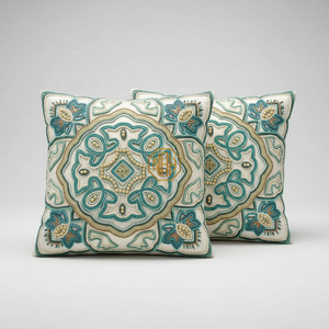 Premium Beige <b>Gold</b> Arch Pattern Cushion Cover Embroidered Beadwork Zari Work Decorative Pillow Cover - Product Image 6
