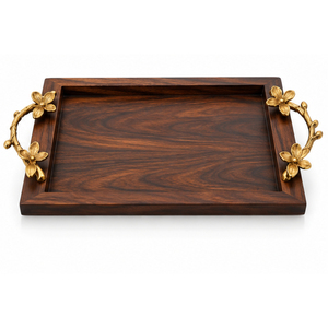 Bandeja de Servir de Madera de Lujo con Asas de Latón con Hojas de Ginkgo Doradas, Plato Decorativo de Madera de Acacia para Mesa de Centro de Hotel, Mejor Precio - Product Image 5