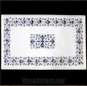 Table à manger rectangulaire en marbre blanc avec trois grands médaillons floraux circulaires et une bordure incrustée assortie, en gros - Product Image 3