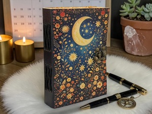 Celestial Moon Leather <b>Journal</b> Grimoire Notebook Wiccan Pagan-Crescent Moon Flower <b>Diary</b> Lock Handmade Gift 200 Sheets Herb - Product Image 2