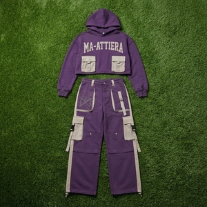 Custom <b>Women</b> <b>Purple</b> Cropped Hoodie Cargo Jogger Set Cotton Fleece Streetwear <b>Tracksuit</b> OEM Wholesale - Product Image 6