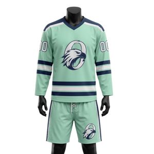 Conjunto de Camiseta y Pantalones Cortos de Hockey sobre Hielo Sublimados en Verde Menta para Hombre, Uniforme Deportivo con Cuello en V de Poliéster, Ropa de Entrenamiento de Alto Rendimiento - Product Image 1