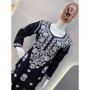 DESIGNER RAYON FIL DE COTON BRODERIE TRAVAIL KURTI AVEC PALAZZO NOIR - Product Image 5
