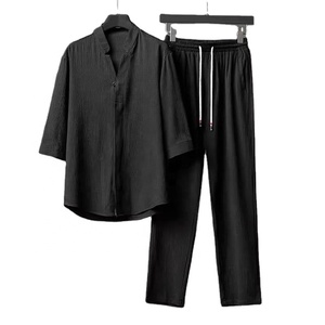 Bouton Vintage hauts hommes deux pièces ensemble été chemise décontractée et pantalons costumes tenue pour hommes couleur unie survêtement loisirs vêtements - Product Image 1