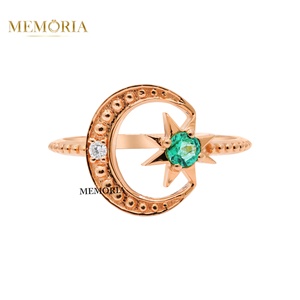 Classic Emerald Diamond Bezel Setting Wedding <b>Ring</b> Crescent <b>Moon</b> Star Shape Vintage 18k Yellow Gold Beaded Band Women's Jewelry - Product Image 2