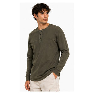 Camiseta Henley de Manga Larga para Hombre, Color Verde Oliva, Corte Regular, Algodón, Informal, Tejido de Punto, Color Sólido, Transpirable, Cuello Redondo - Product Image 4