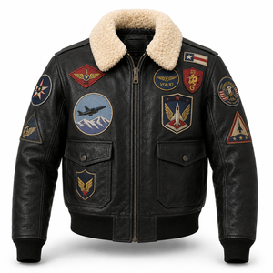 Chaqueta Bomber de Cuero Genuino Vintage para Hombre con Diseños de Parches Bordados, Forro de Sherpa, Cierre de Cremallera, Ropa de Invierno - Product Image 3